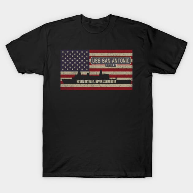 San Antonio LPD-17 Amphibious Transport Dock Vintage USA American Flag Gift T-Shirt by Battlefields